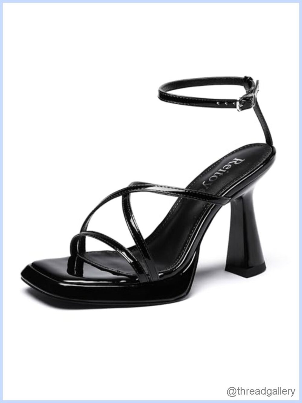 Patent Leather Platform Heeled Sandals Square Toe Ankle Strap Chunky Heel